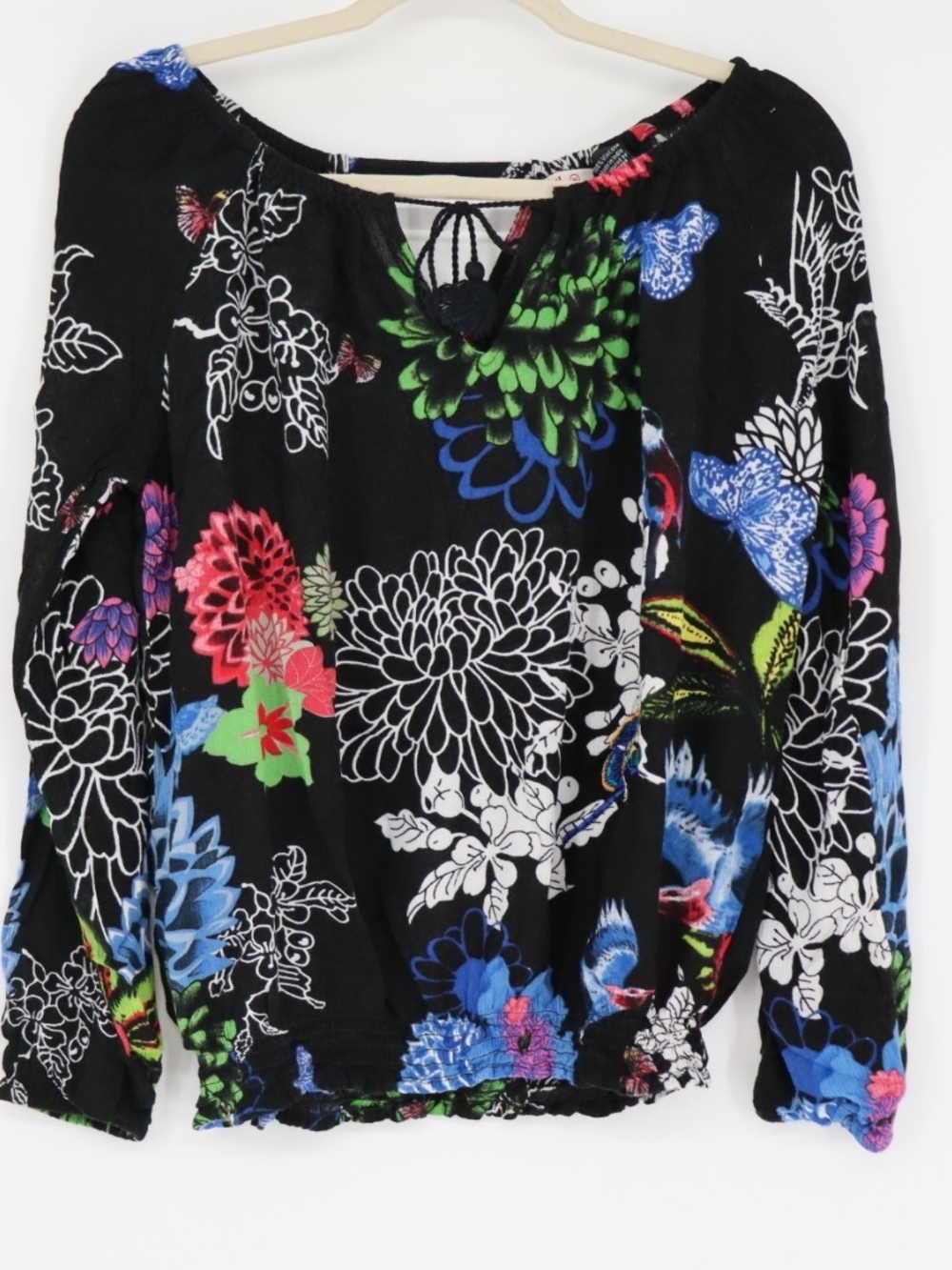 Desigual Medium Black Floral Viscose Blouse Long Sleeve Tassel Tie Boho Colorful